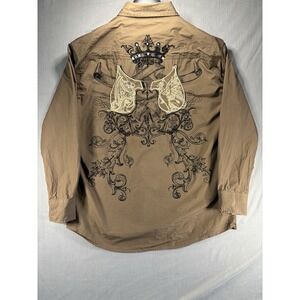 Y2K Shirt Empra Mens XL Long Sleeve Button Up Brown Embroidered Affliction Style